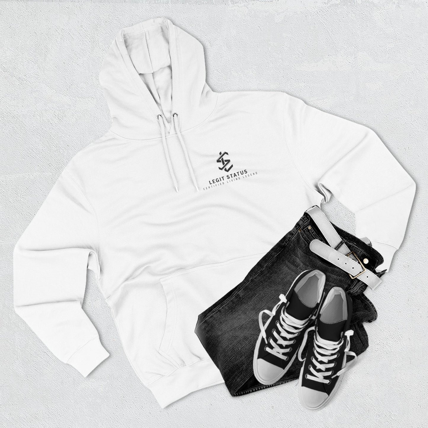 Legit Status Minimal Logo Hoodie — Three-Panel Fleece Pullover