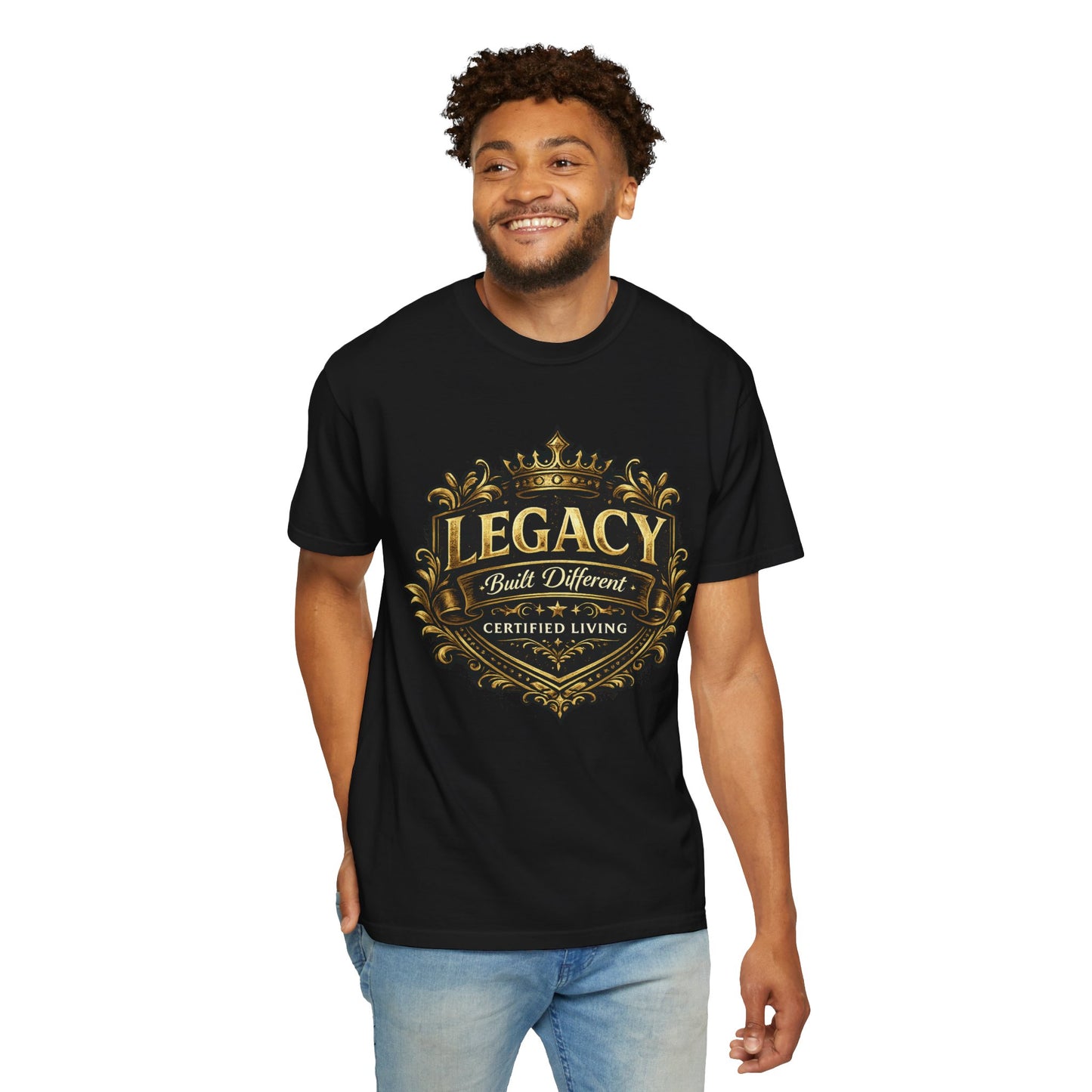 Legacy Built Different T‑Shirt — Gold Crest "Legacy" Graphic Tee