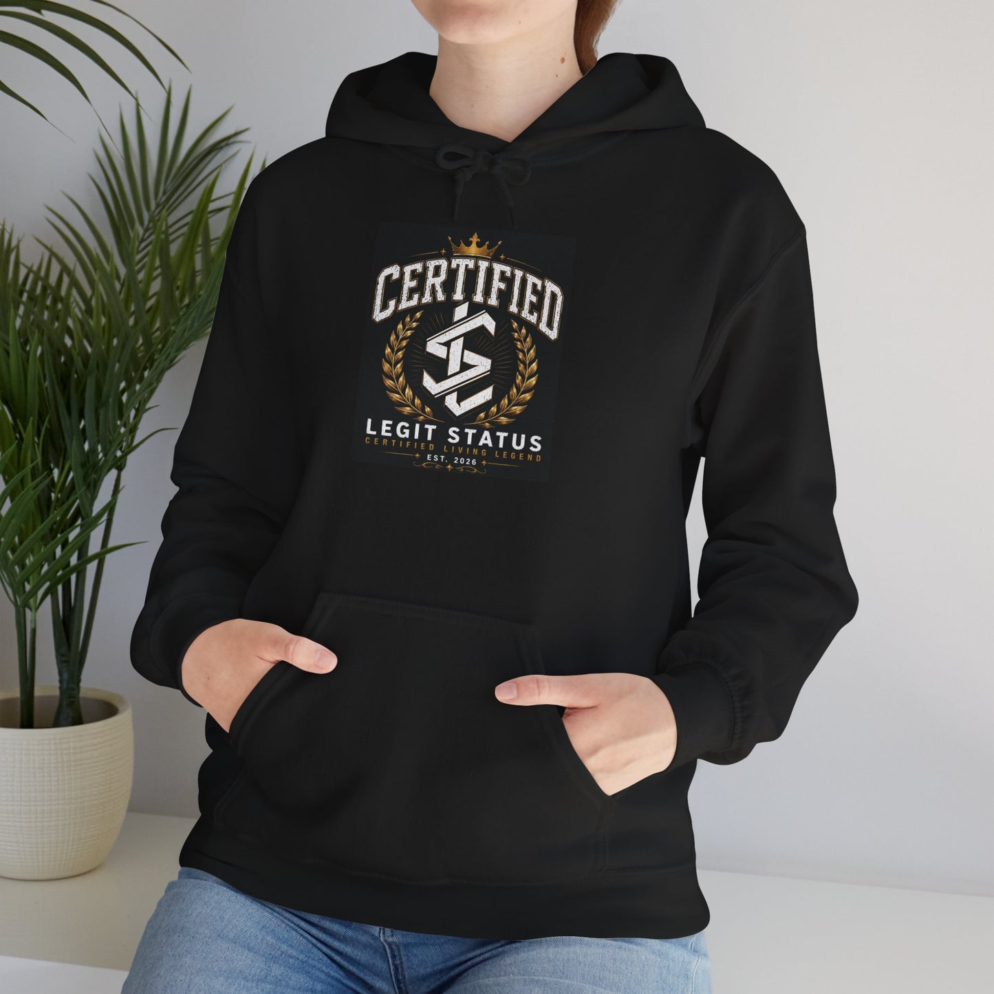 Certified Legit Status Hoodie – Retro Badge Logo Pullover