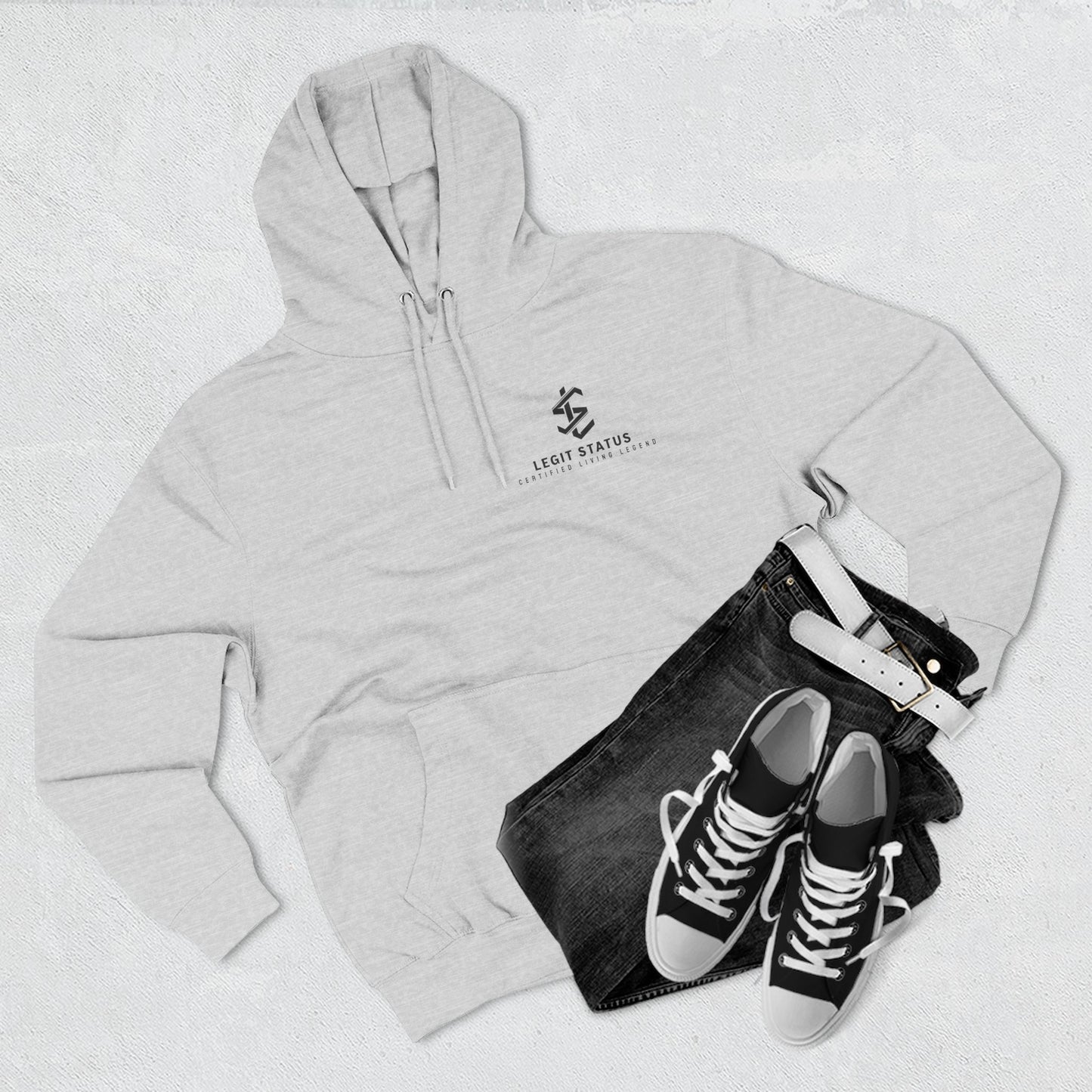 Legit Status Minimal Logo Hoodie — Three-Panel Fleece Pullover
