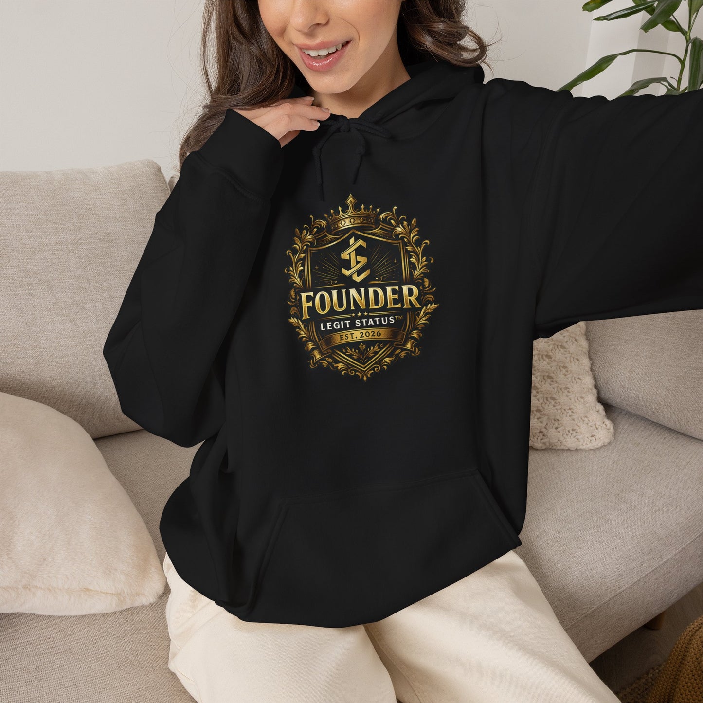 Founder Crest Hoodie — Vintage Gold Emblem Founder Sweatshirt