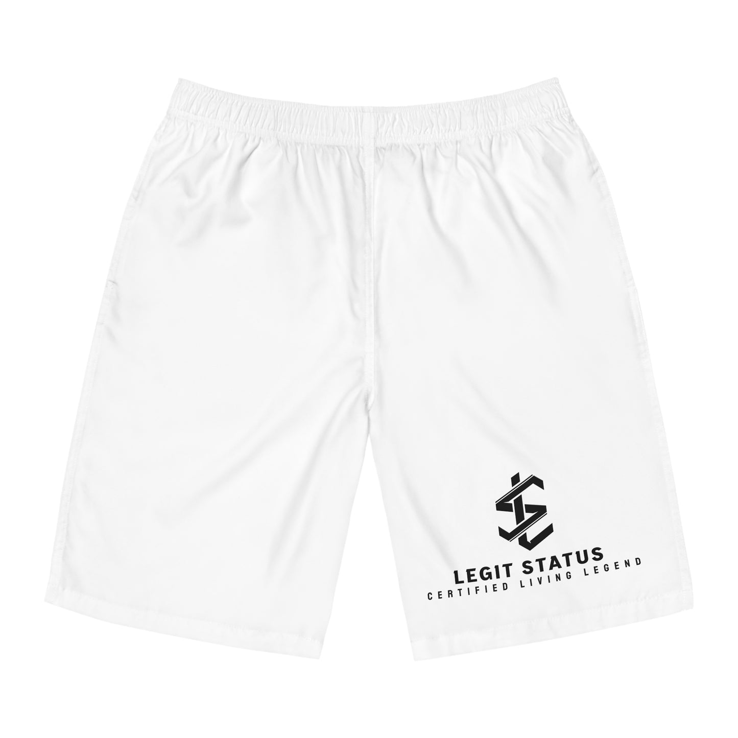 Board Shorts — "Legit Status" Logo Swim Trunks