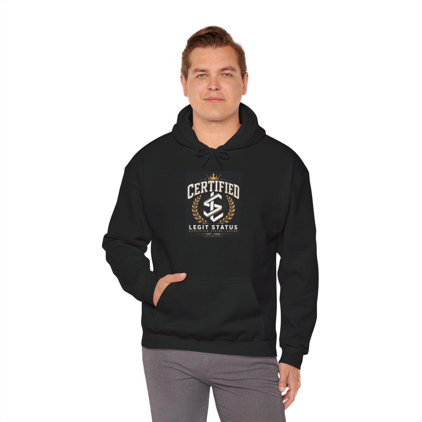 Certified Legit Status Hoodie – Retro Badge Logo Pullover