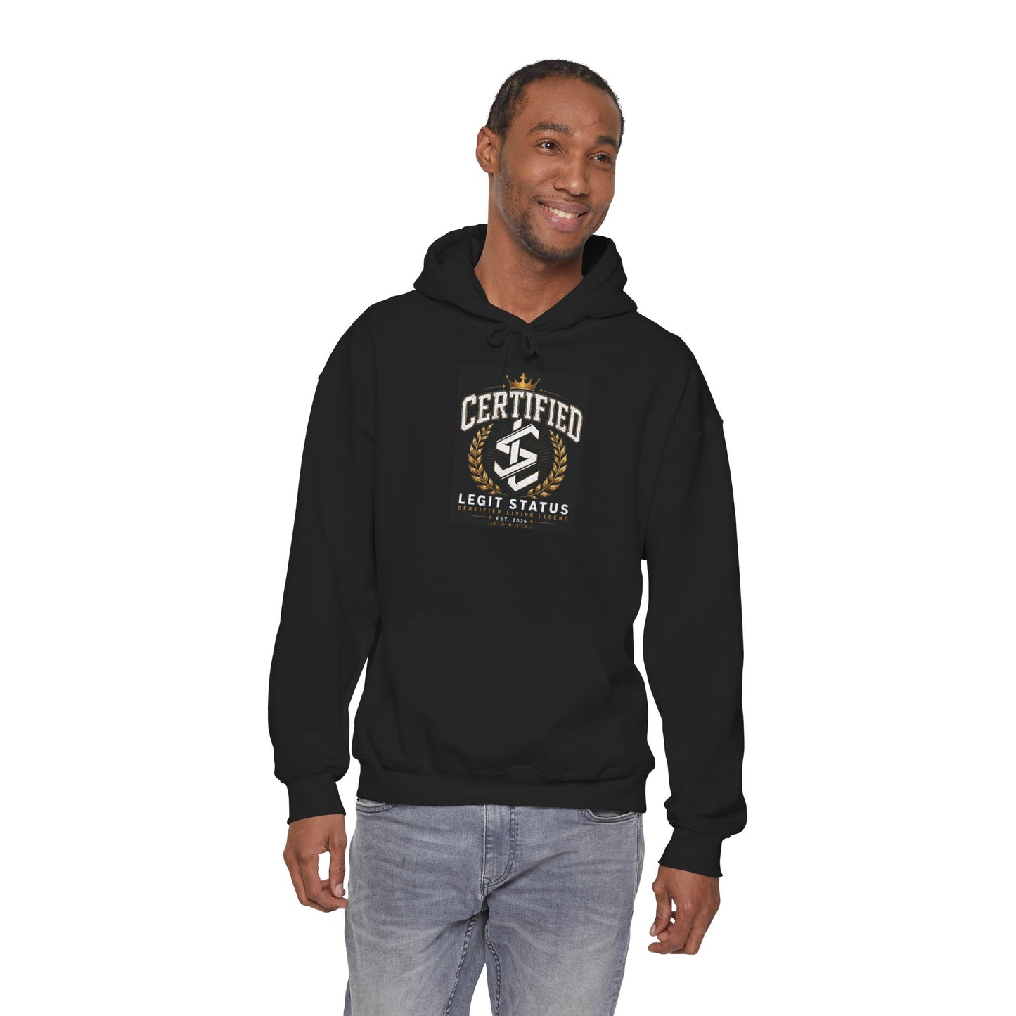 Certified Legit Status Hoodie – Retro Badge Logo Pullover
