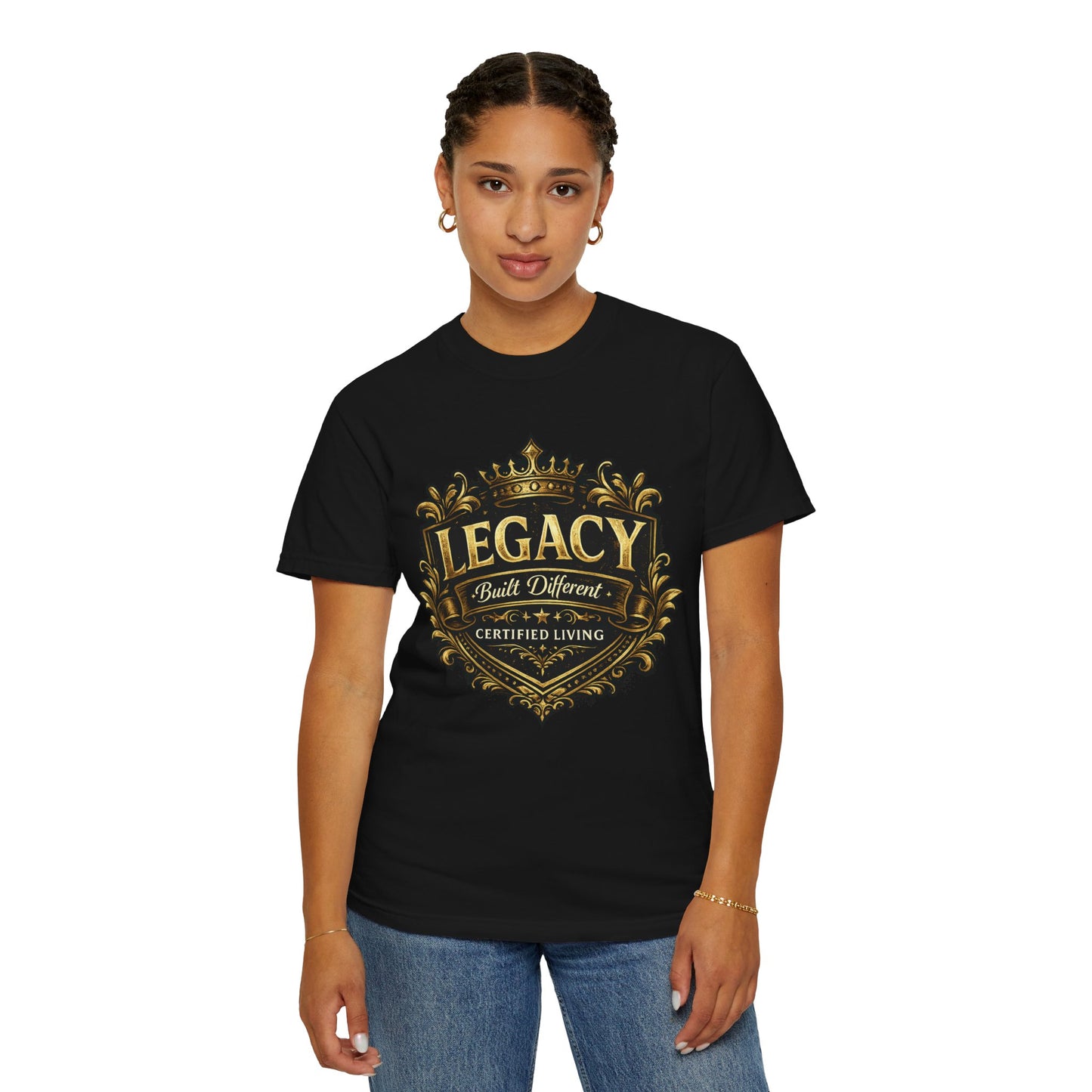 Legacy Built Different T‑Shirt — Gold Crest "Legacy" Graphic Tee