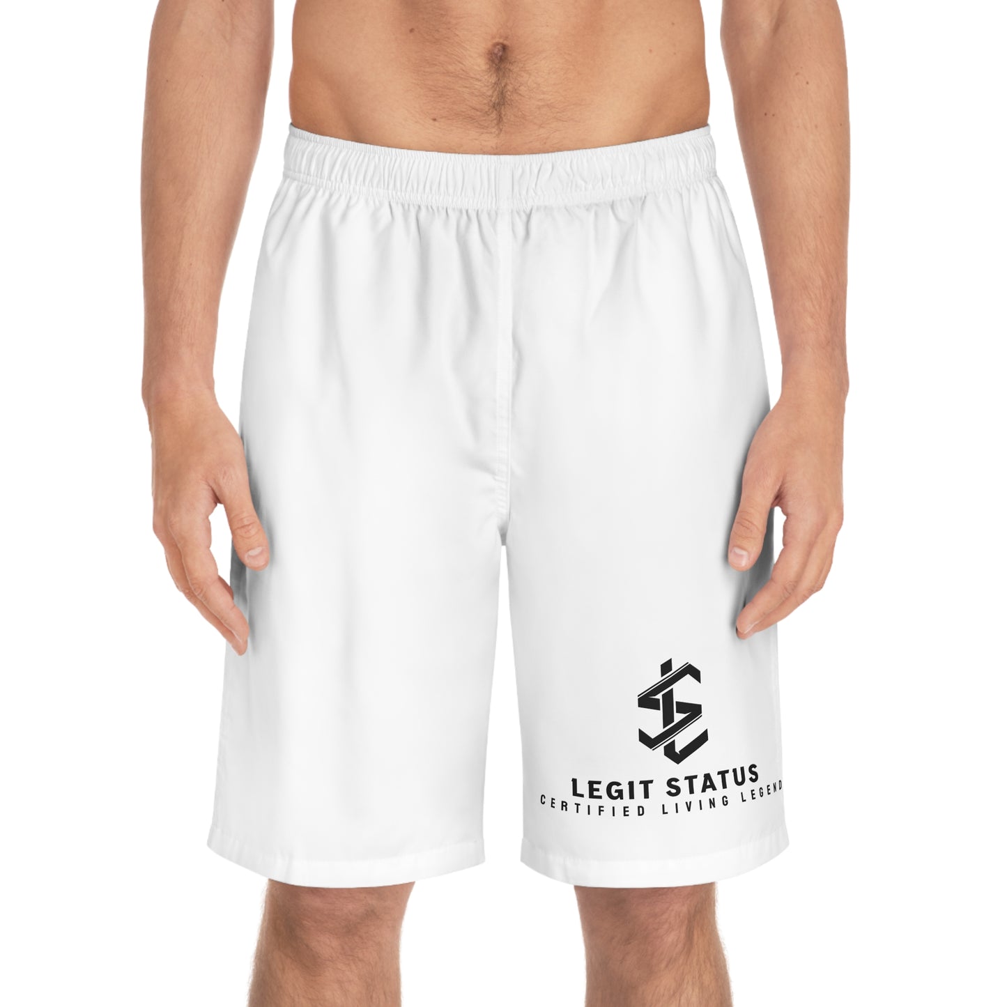 Board Shorts — "Legit Status" Logo Swim Trunks