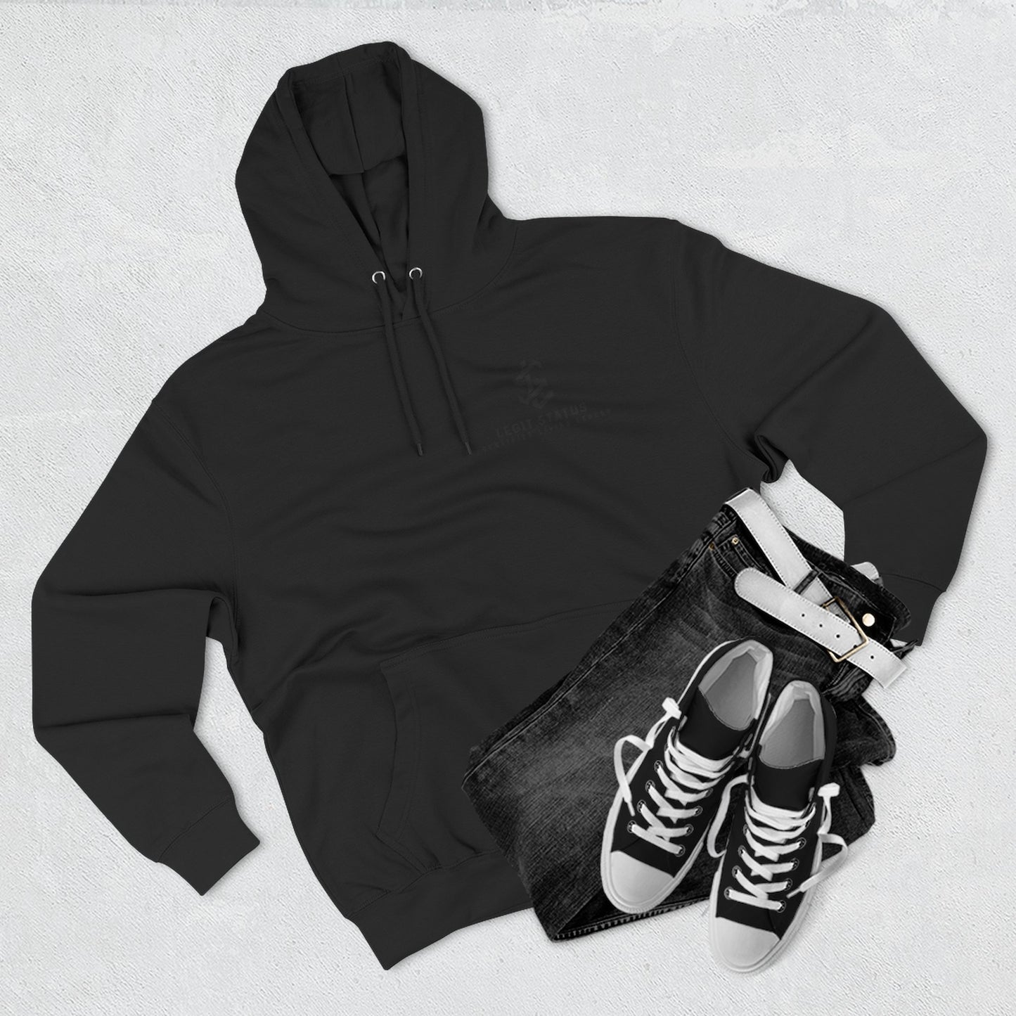 Legit Status Minimal Logo Hoodie — Three-Panel Fleece Pullover