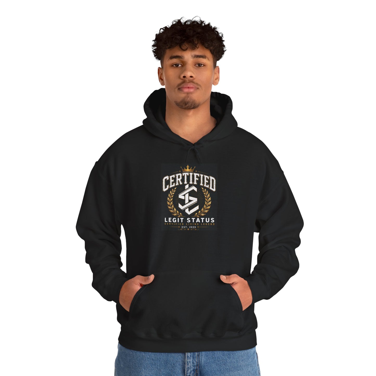 Certified Legit Status Hoodie – Retro Badge Logo Pullover