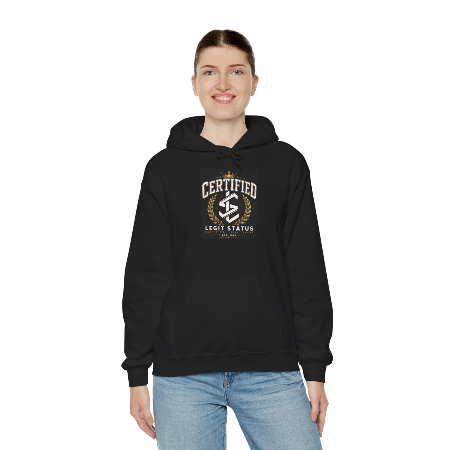 Certified Legit Status Hoodie – Retro Badge Logo Pullover