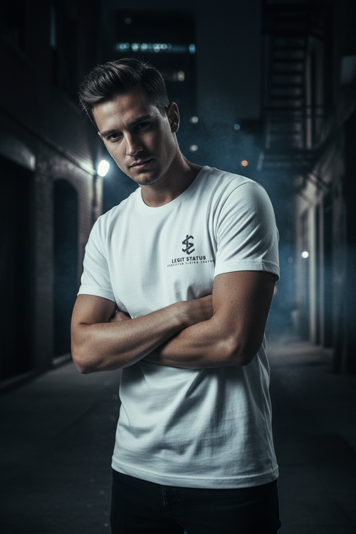 	Legit Status White Tee – Front View Flat Lay