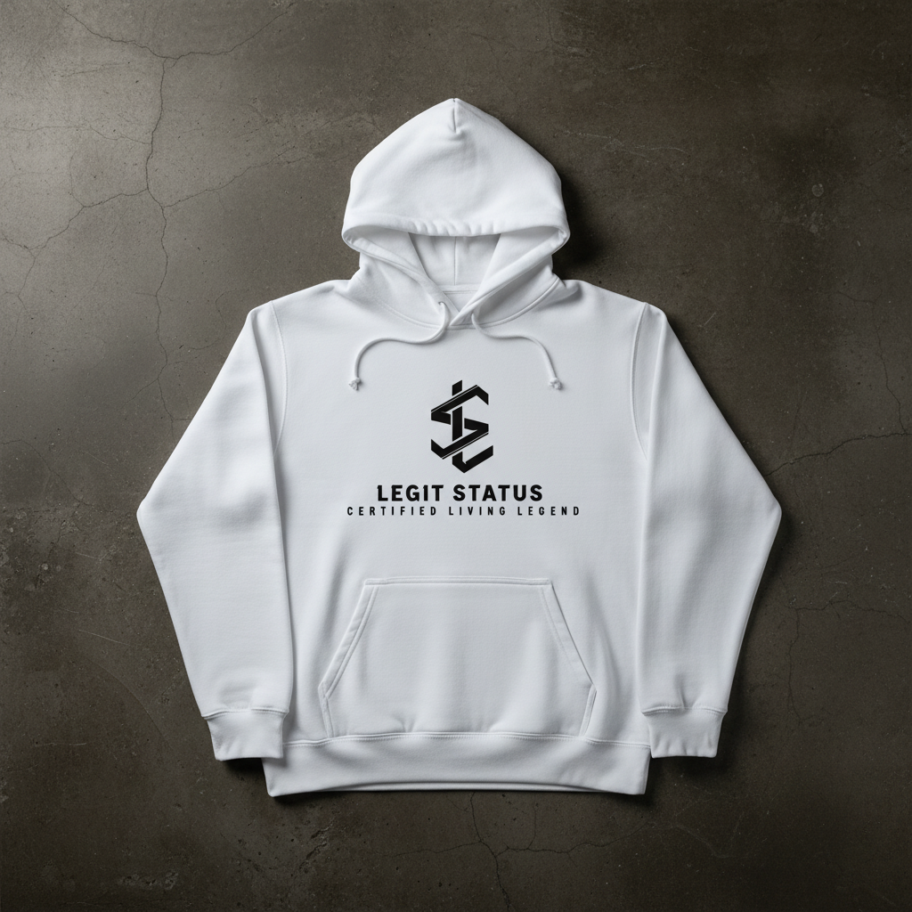White Legit Status hoodie flat lay on dark concrete surface