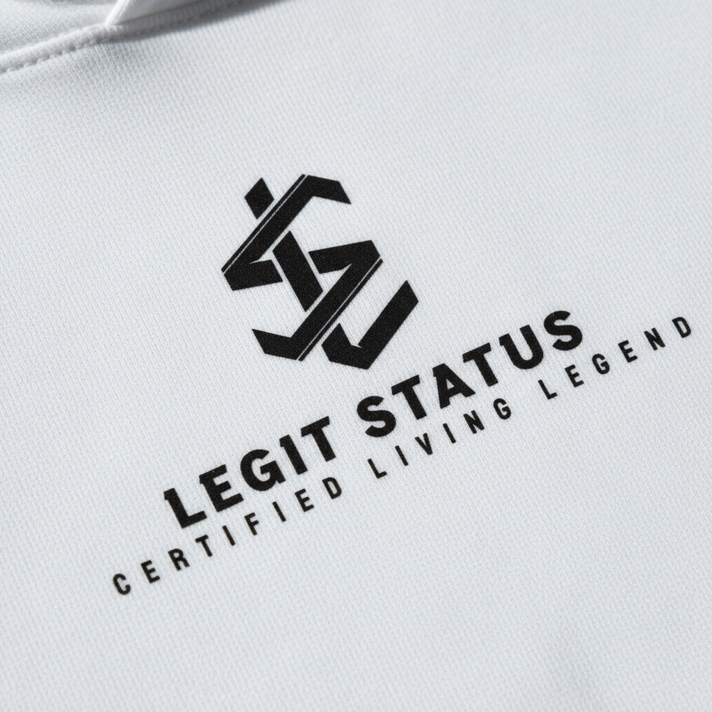 Close-up of Legit Status geometric LS logo in black on white hoodie fabric