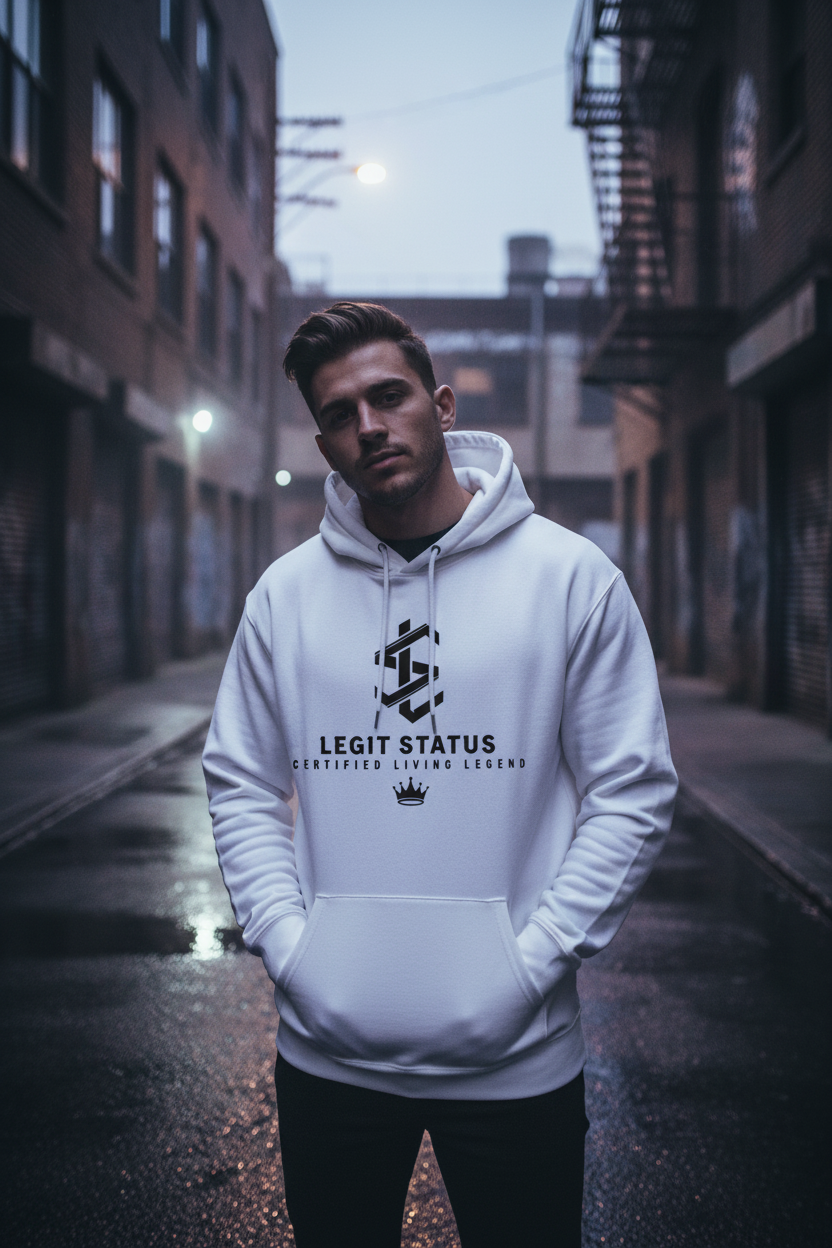 White Legit Status hoodie worn by model in urban street setting