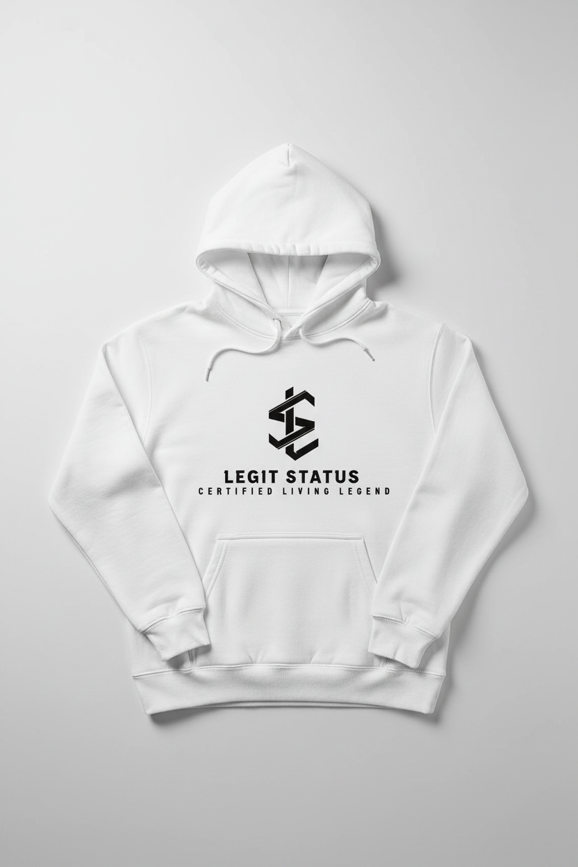 White Hoodie with Black Legit Status Logo
